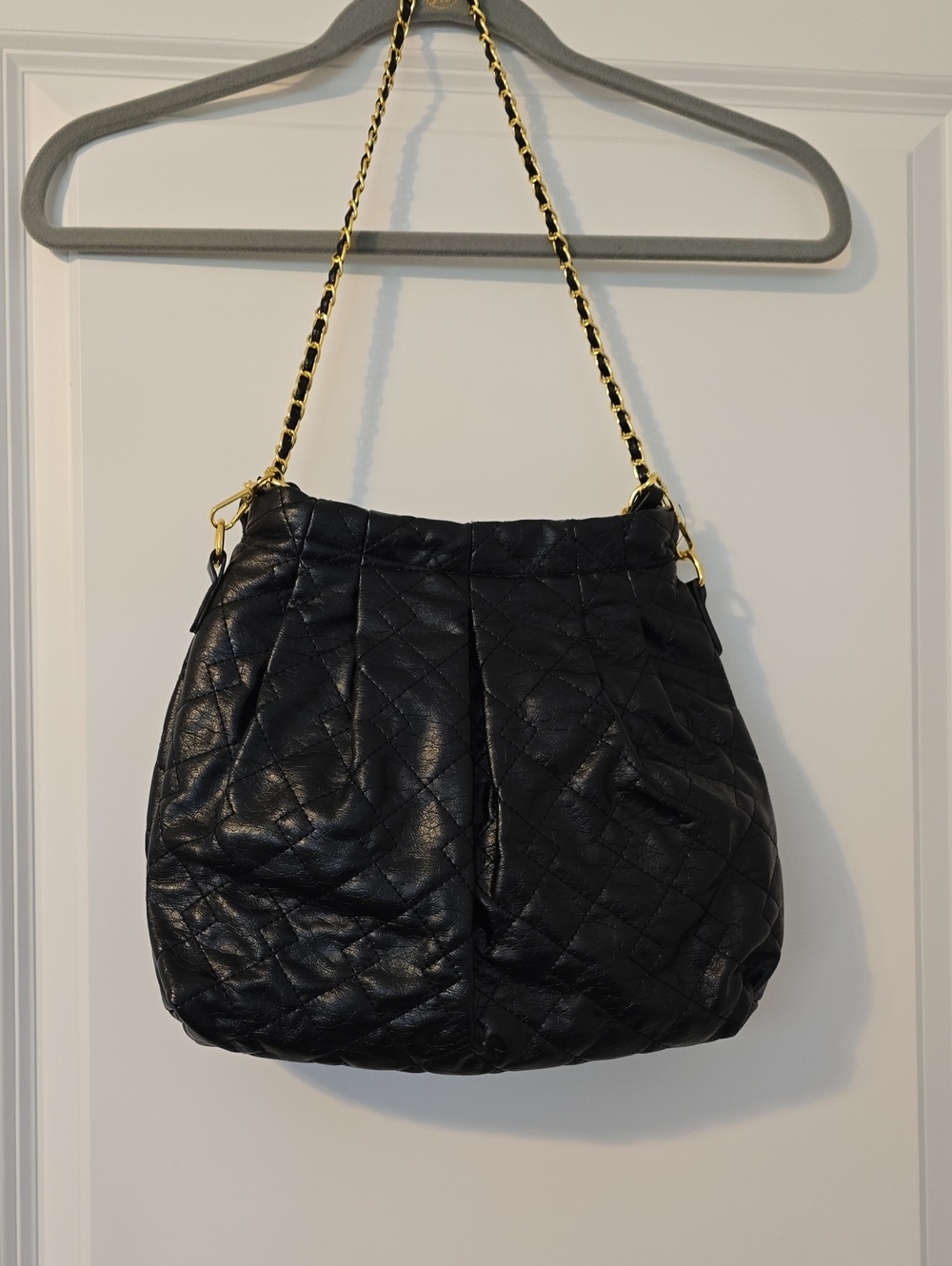 Commense Quilted Black Shoulder Bag with 2 Size Gold Chain Straps